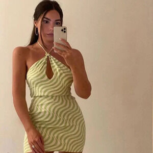 Zara  Satin Effect Halter Mini Dress NWT Green White Size Small Blogger Fav